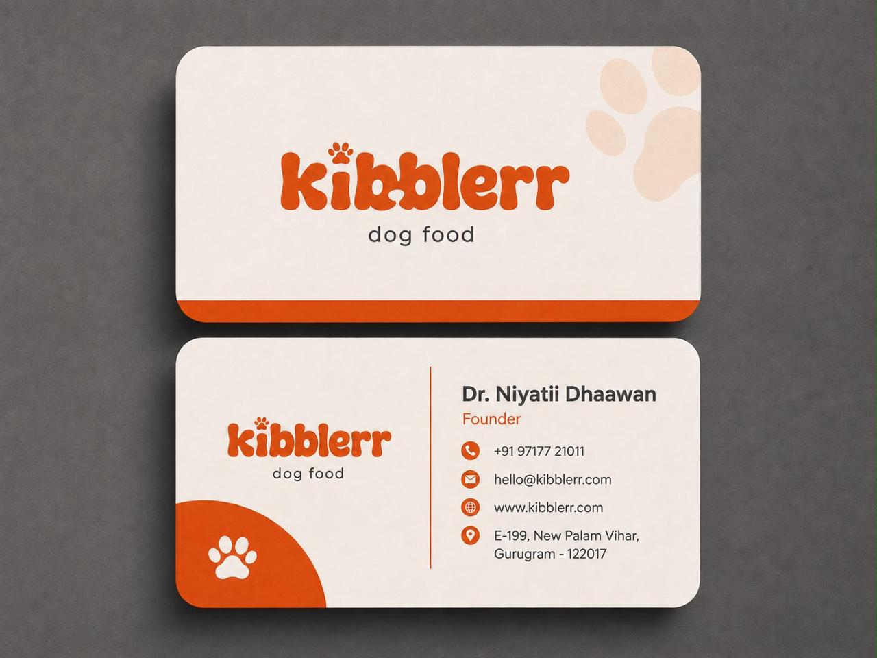 kibblerr business card showing founder contact details
